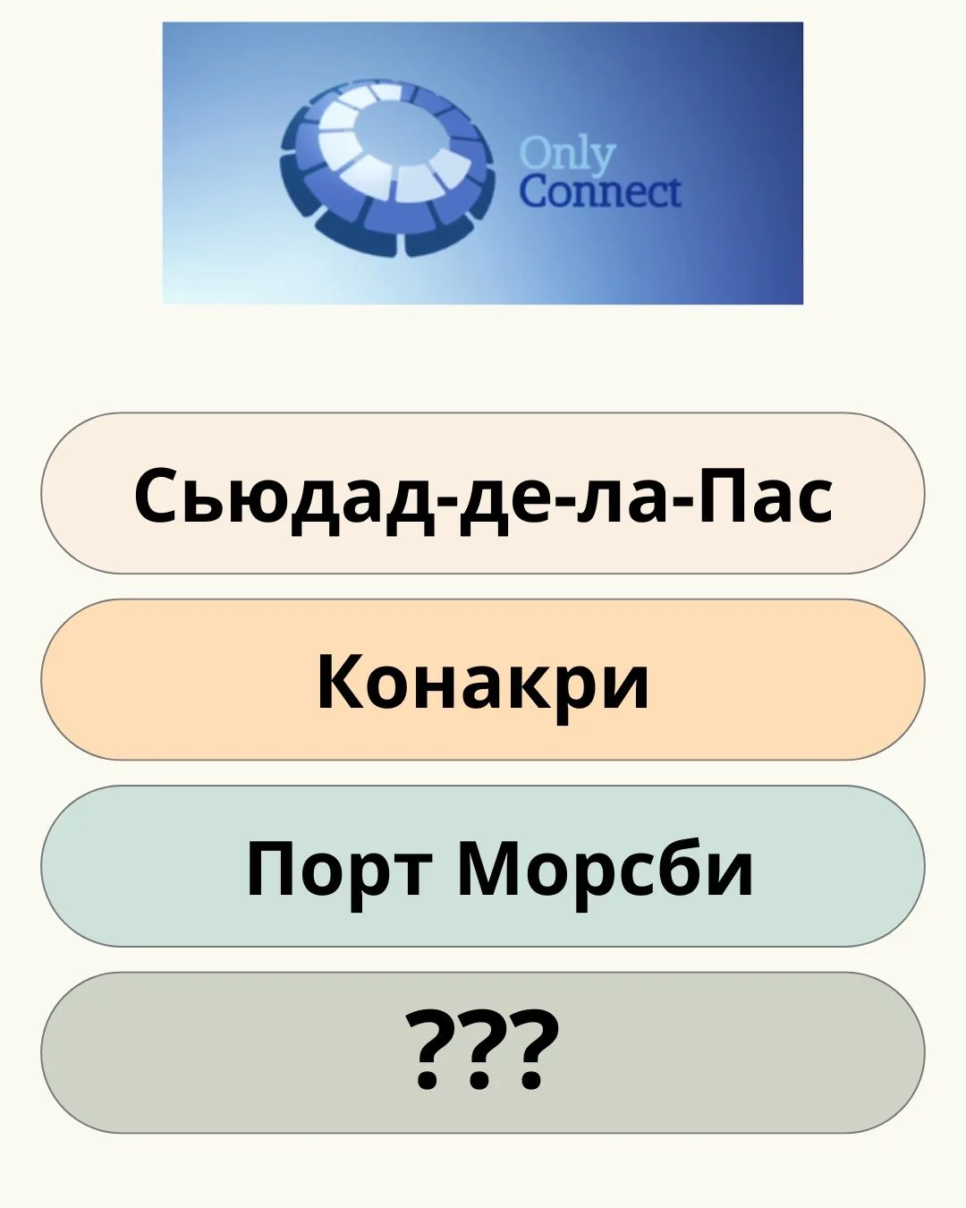 Несложный вопрос из серии Only Connect. Какая столица должна продолжить ряд?