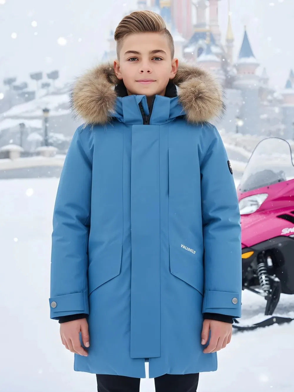 🛍️ Парка зимняя подростковая для мальчика с капюшоном и мехом синего цвета 9535S