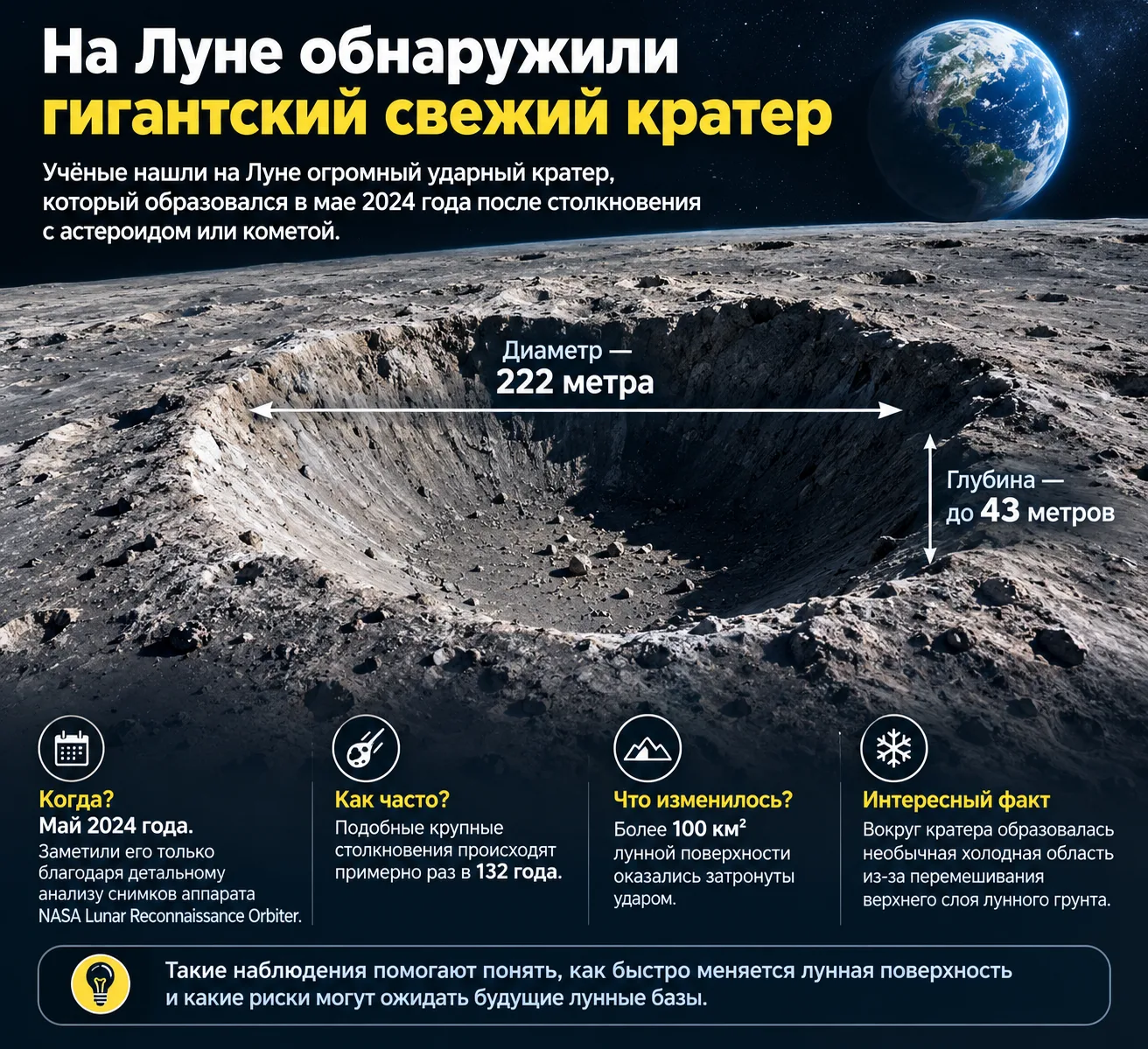 Новость дня: на Луне обнаружили гигантский свежий кратер