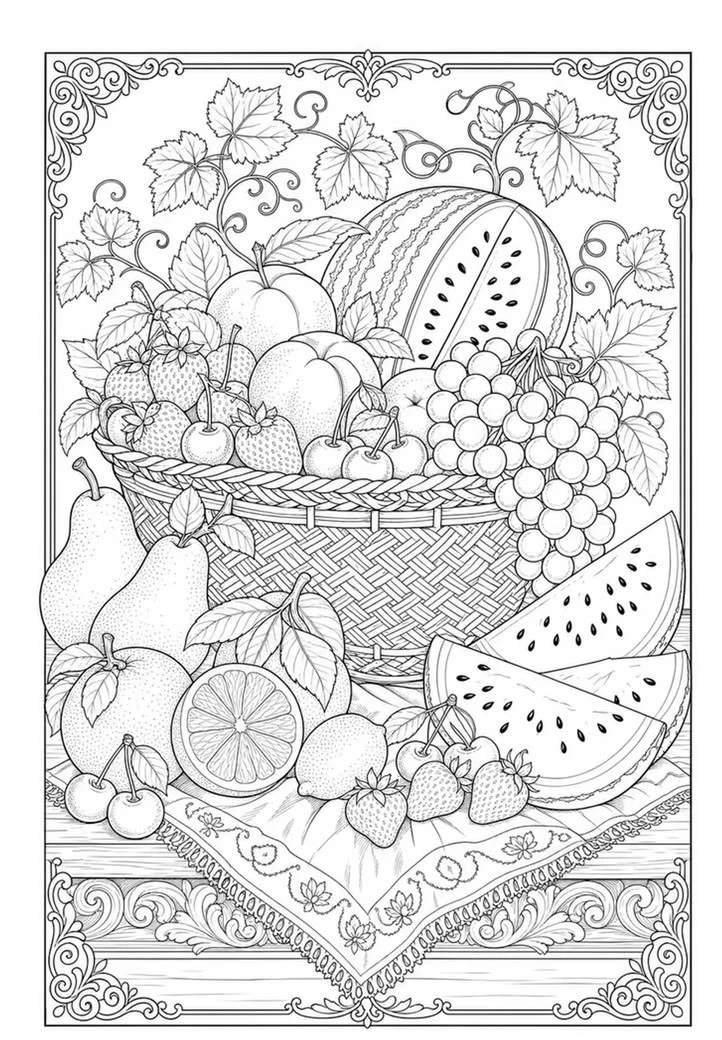 Раскраска антистресс с осенним урожаем 🍉🍇🍐🍎