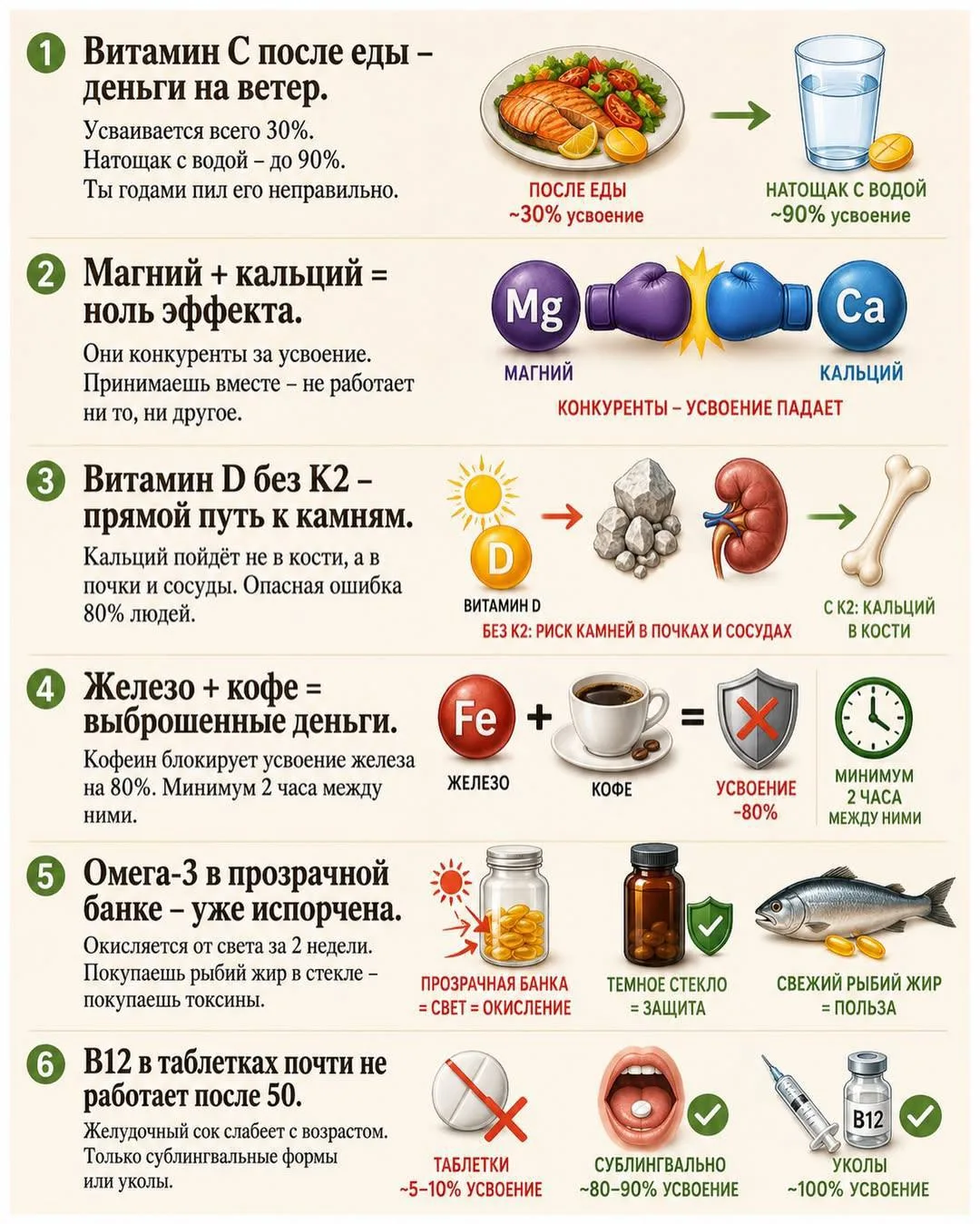 6 распространённых ошибок при приёме витаминов и добавок 💊 

Многие принимают добавки месяцами, но 