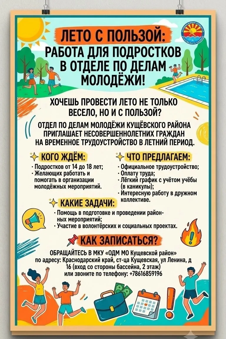 Лето с пользой: работа для подростков в отделе по делам молодёжи! 💼☀️

Хочешь провести лето не толь