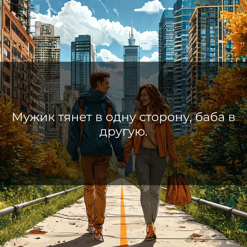 Мужик тянет в одну сторону, баба в другую.