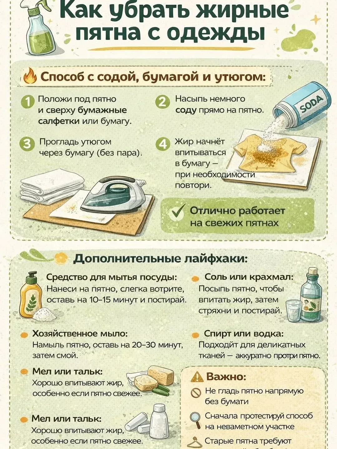 Удаляем жирные пятна с одежды с помощью простых подручных средств 💃