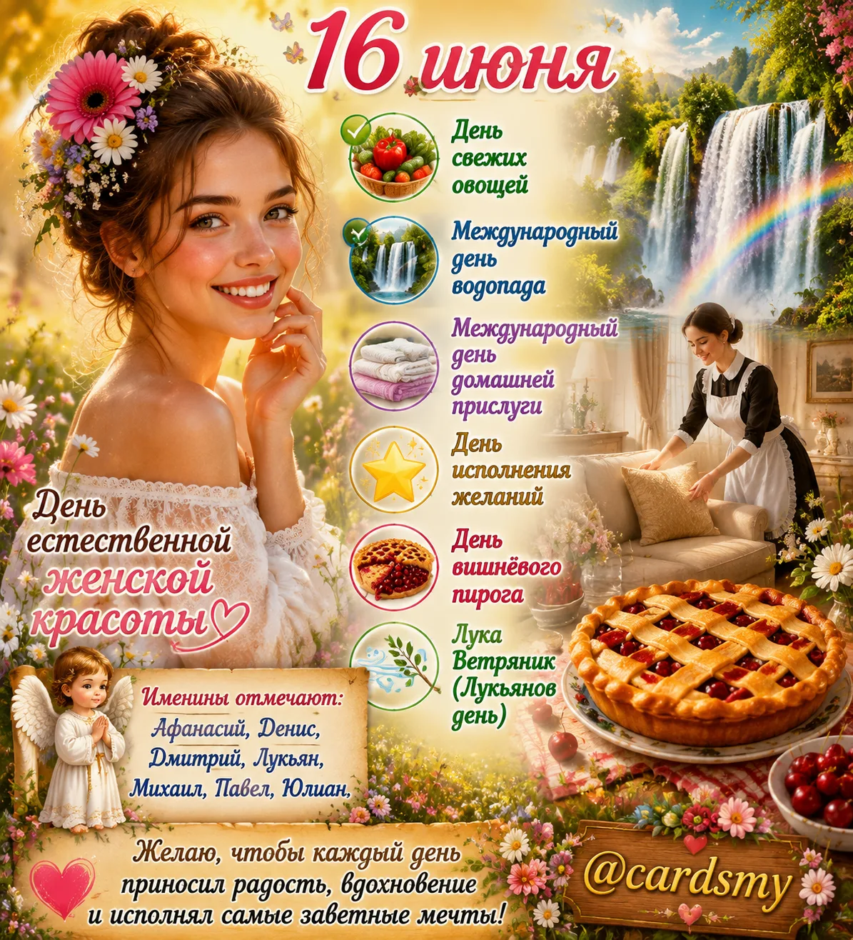 🌸 16 июня 🌺

🥗 День свежих овощей  
🌊 Международный день водопада  
🧹 Международный день домашн