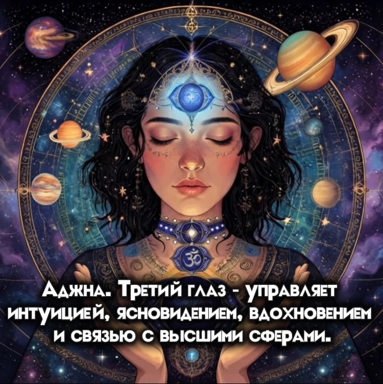 Аджна. «Третий глаз». Шестая чакра, которая живёт в центре твоего лба и управляет всем,...