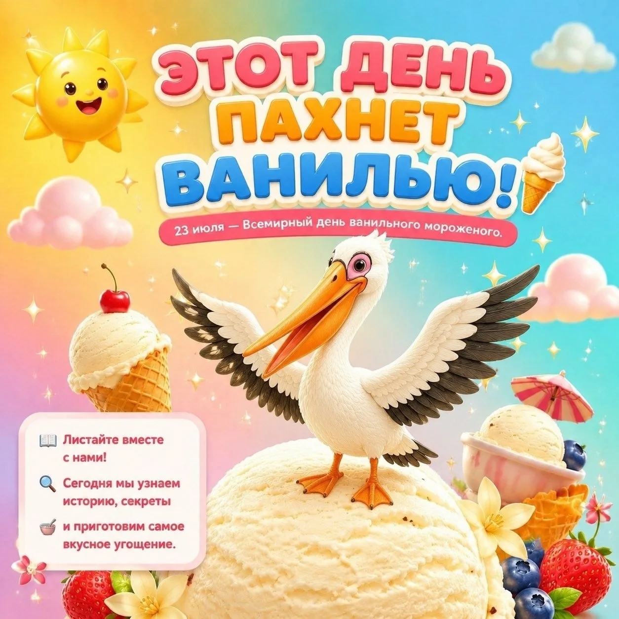 🍦 Сегодня, 23 июля, самый сладкий день в году — День ванильного мороженого!
Казалось бы, обычный де