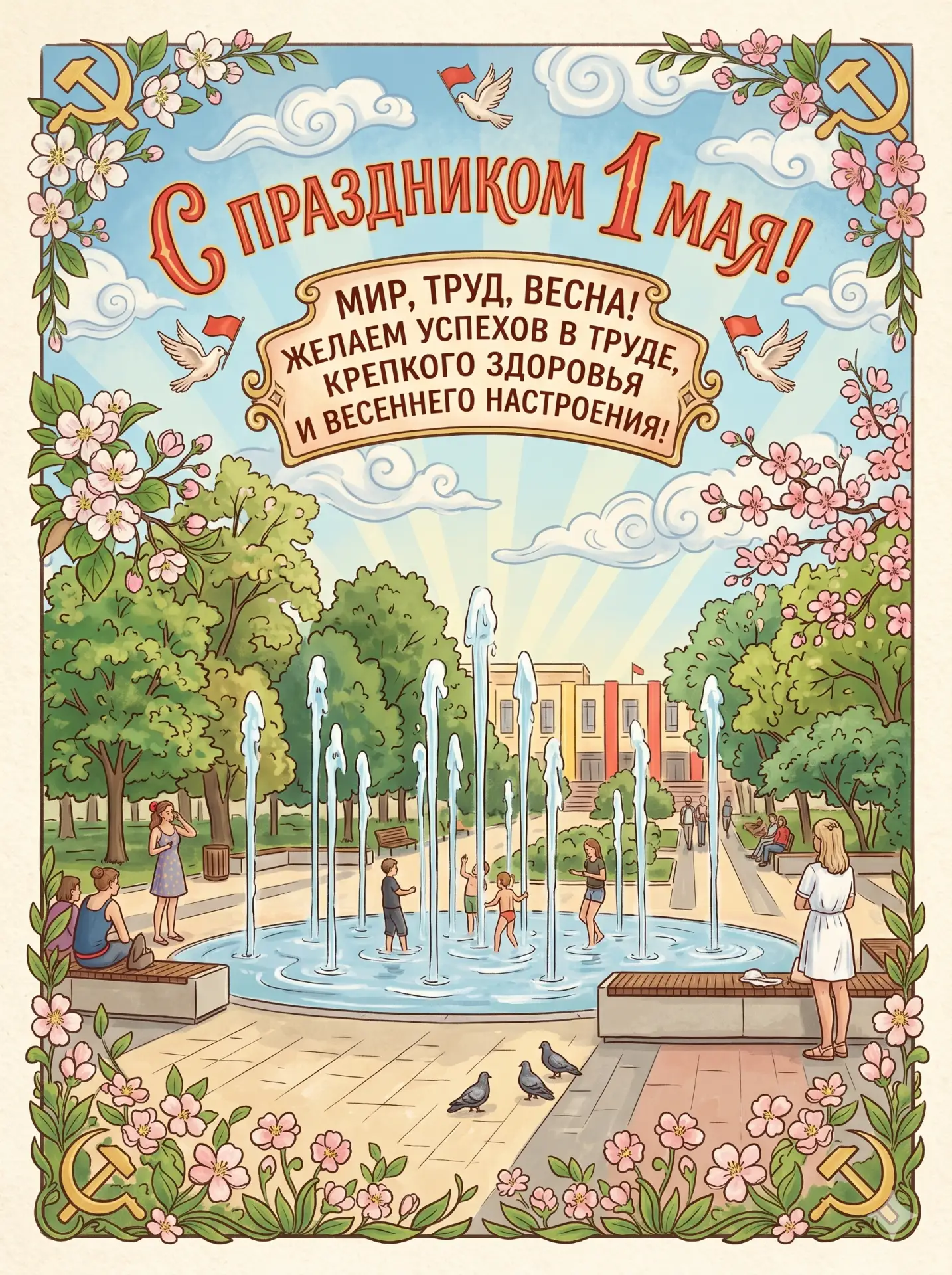 Впереди праздничные выходные!  Мы подготовили для вас красивые тематические открытки к Первомаю с из