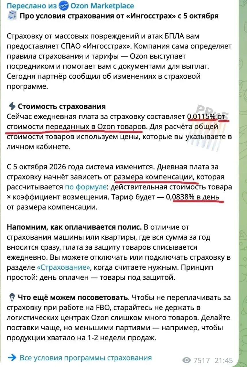 Страховка от атак БПЛА на Ozon подорожала почти в 4,5 раза. Раньше она считалась от сто...