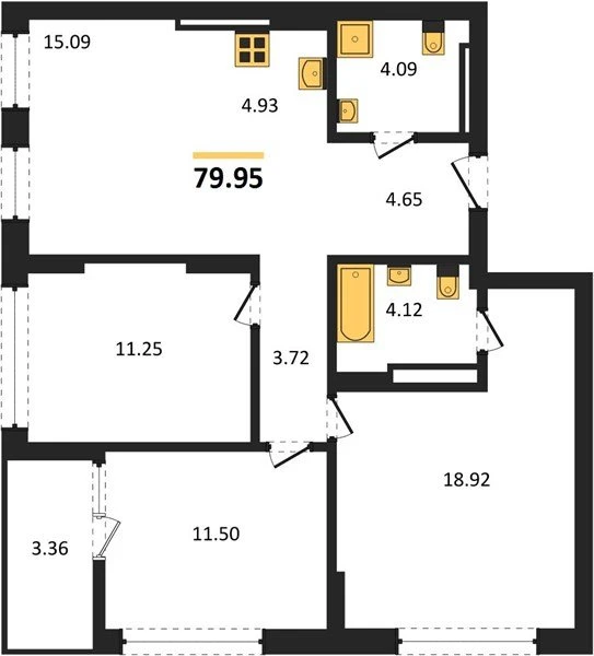 Трехкомнатная квартира почти 80 м² в уже сданном доме.