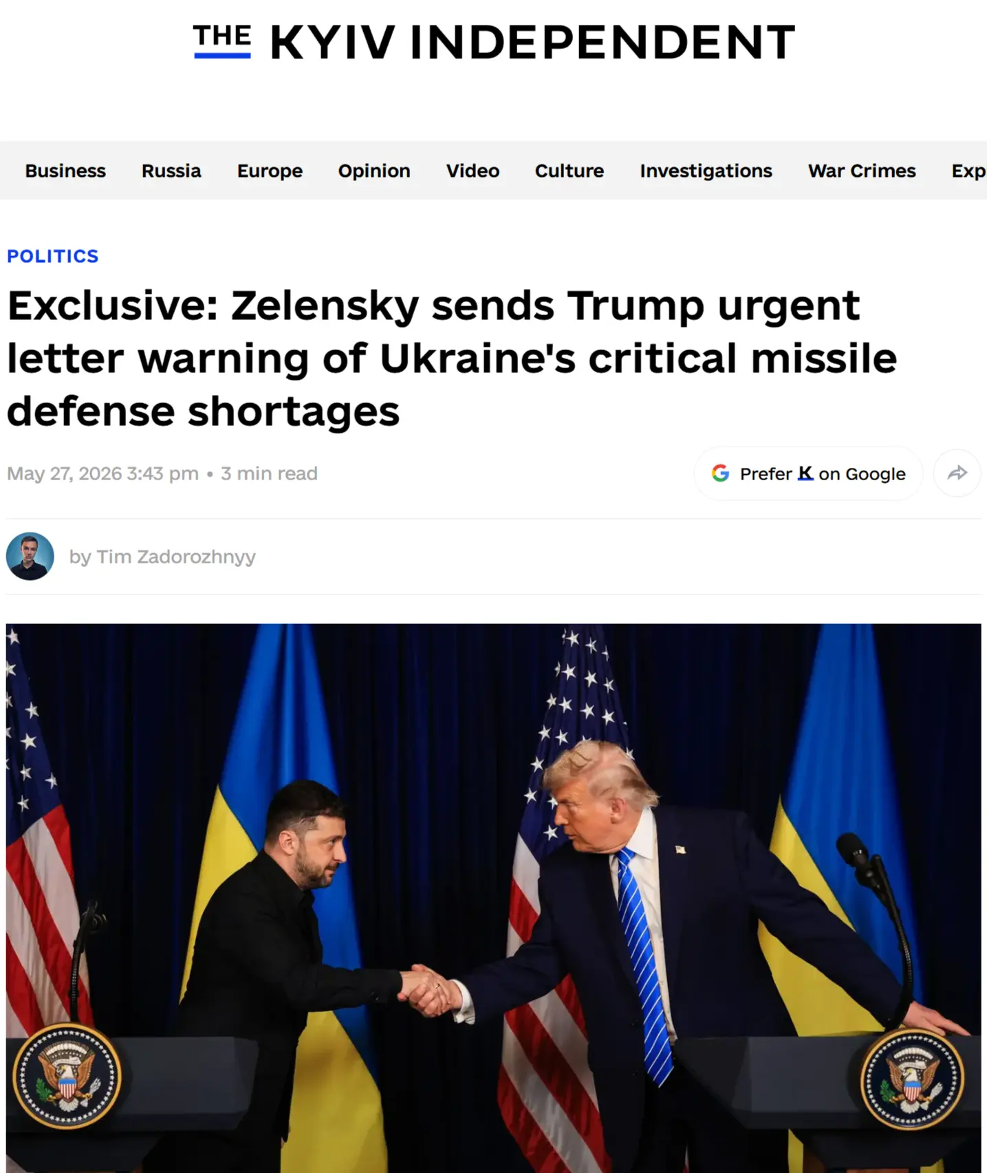 Kyiv Independent: Как стало известно Kyiv Independent, президент Владимир Зеленский направил письмо 
