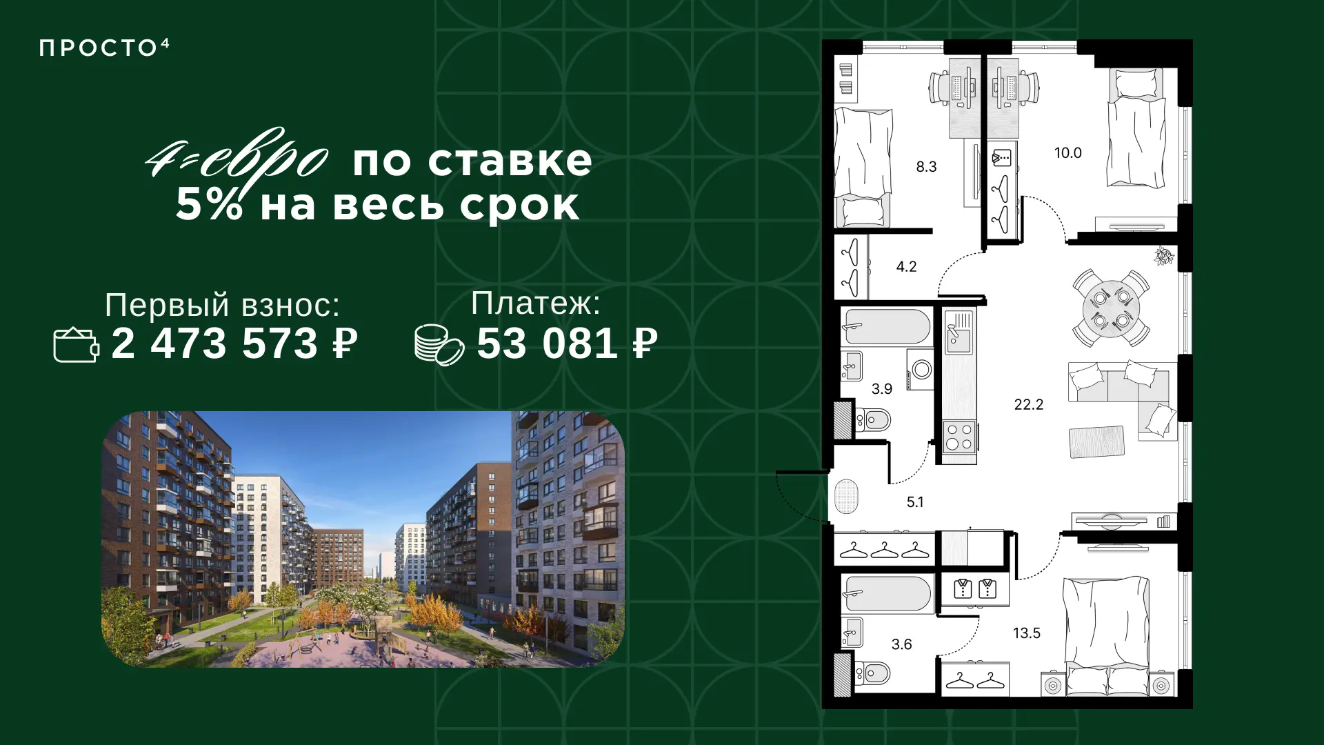4-евро у леса с чистовой отделкой —  53 081₽/мес при ставке 5% на весь срок