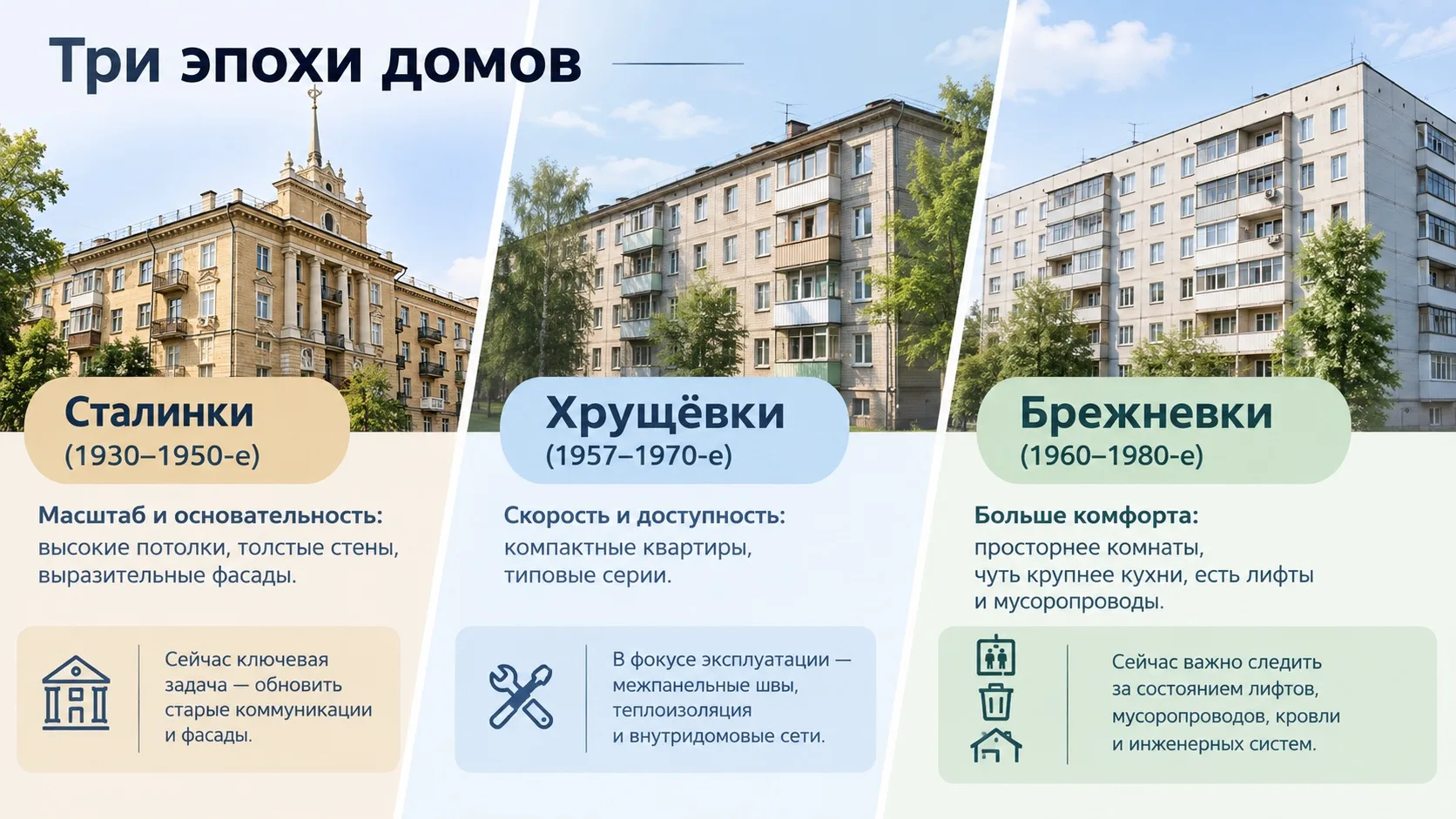 🏢 По типу дома можно почти сразу угадать, в какое десятилетие его построили