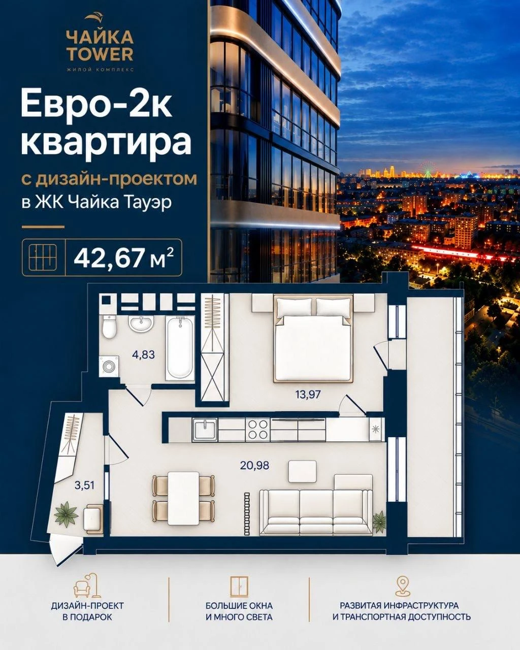 Евро-2к квартира с готовым дизайн-проектом в ЖК «Чайка Тауэр» ✨