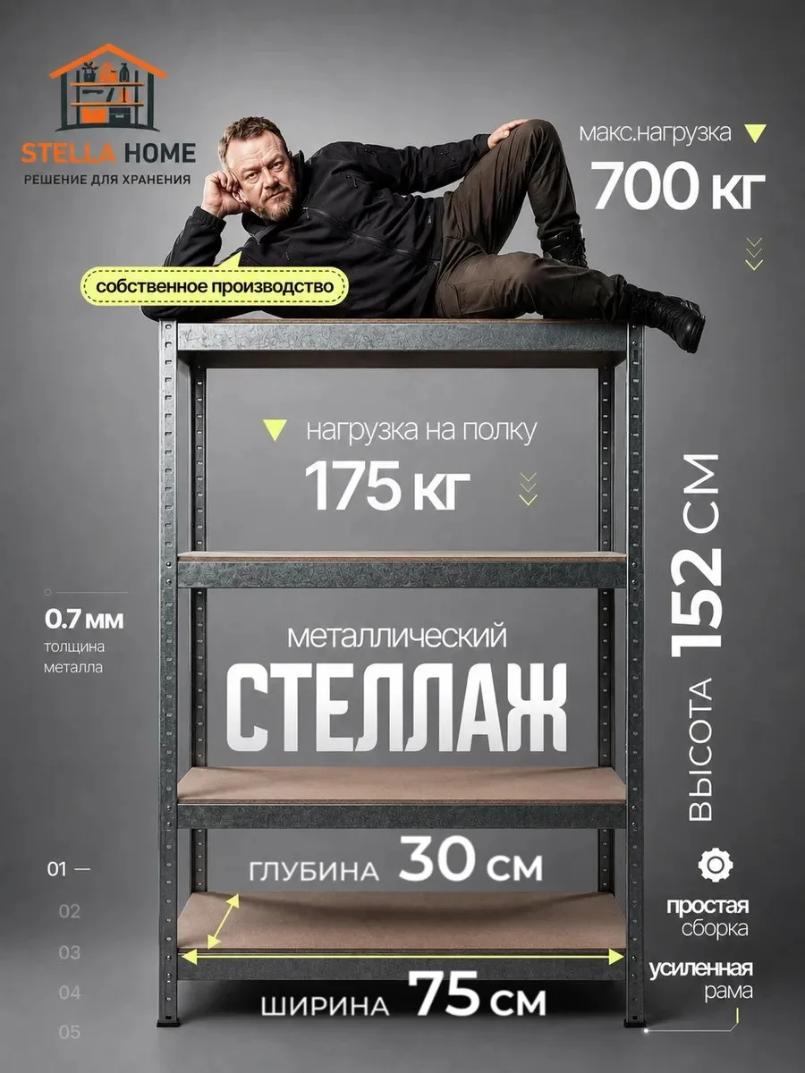 ✨ Стеллаж металлический 4 полки безболтовой 152х75х30 см