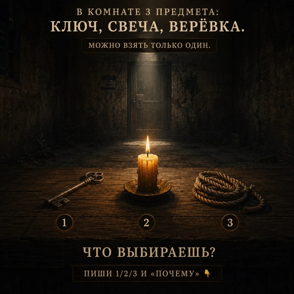 🧠 Загадка дня:

Ключ / свеча / верёвка — что возьмёшь, если можно только один предмет?

1/2/3 + «по
