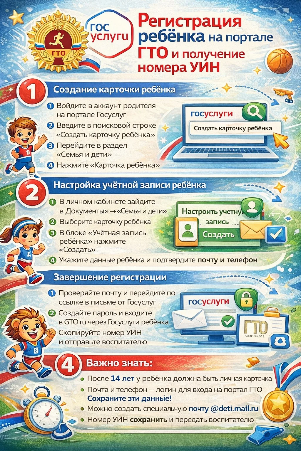 Для сдачи нормативов ГТО в этом году необходимо сделать ребенку УИН. Для вас подробная ...