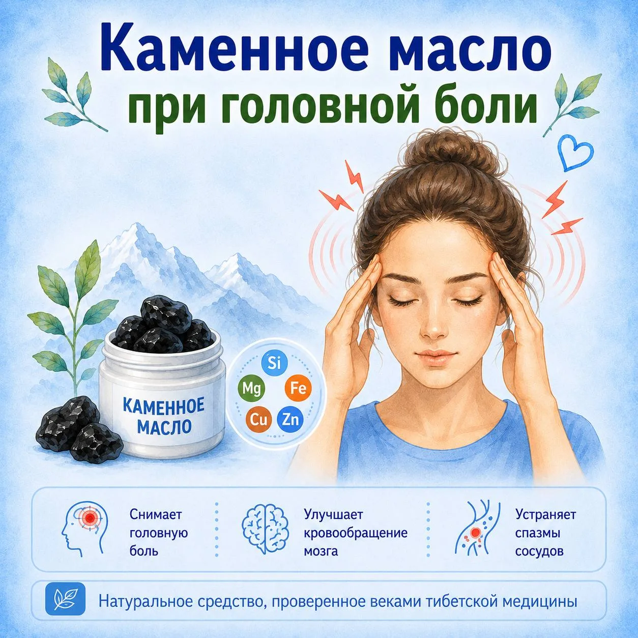 Первая помощь каменного масла при головной боли