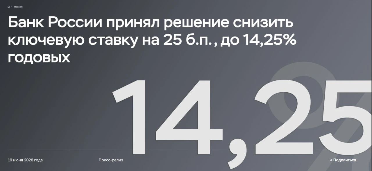 Банк России принял решение о снижении ключевой ставки до 14,25% годовых

Это девятое понижение парам