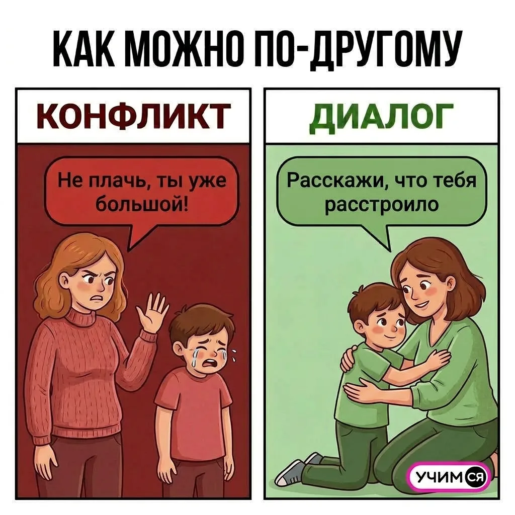 Если эмоции уже накрывают, то бывает сложно найти нужные слова для ребёнка.
