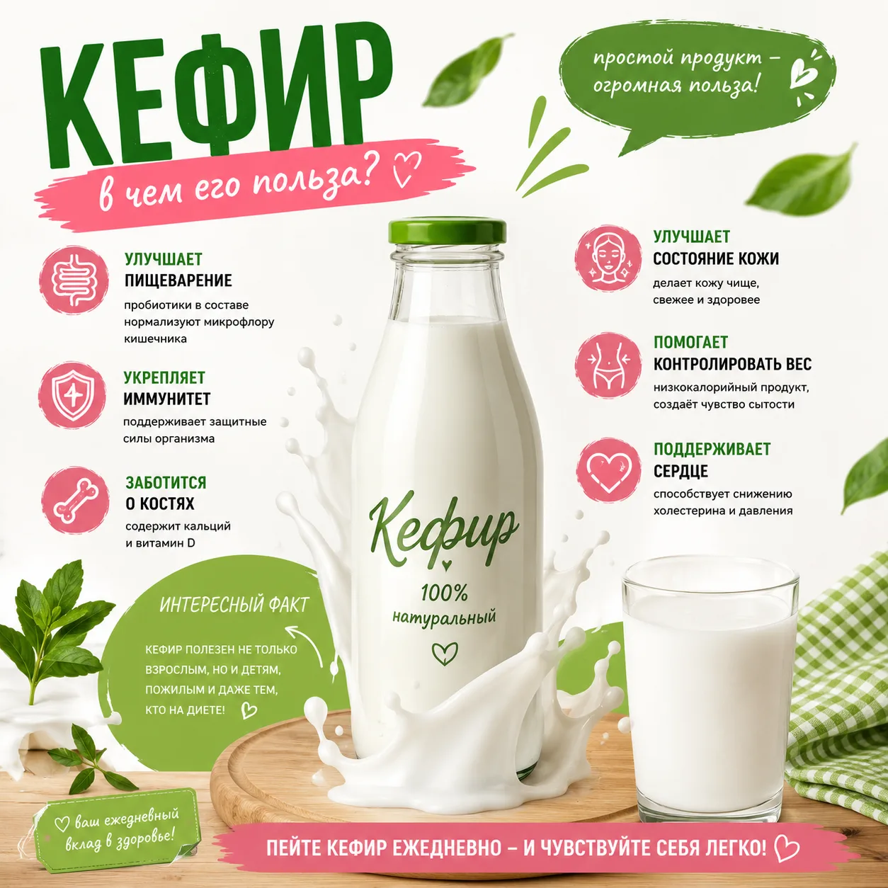 ✅ЧУДЕСНЫЕ СВОЙСТВА КЕФИРА💫

📌Кефир – это кисломолочный продукт. Для получения нужной консистенции 