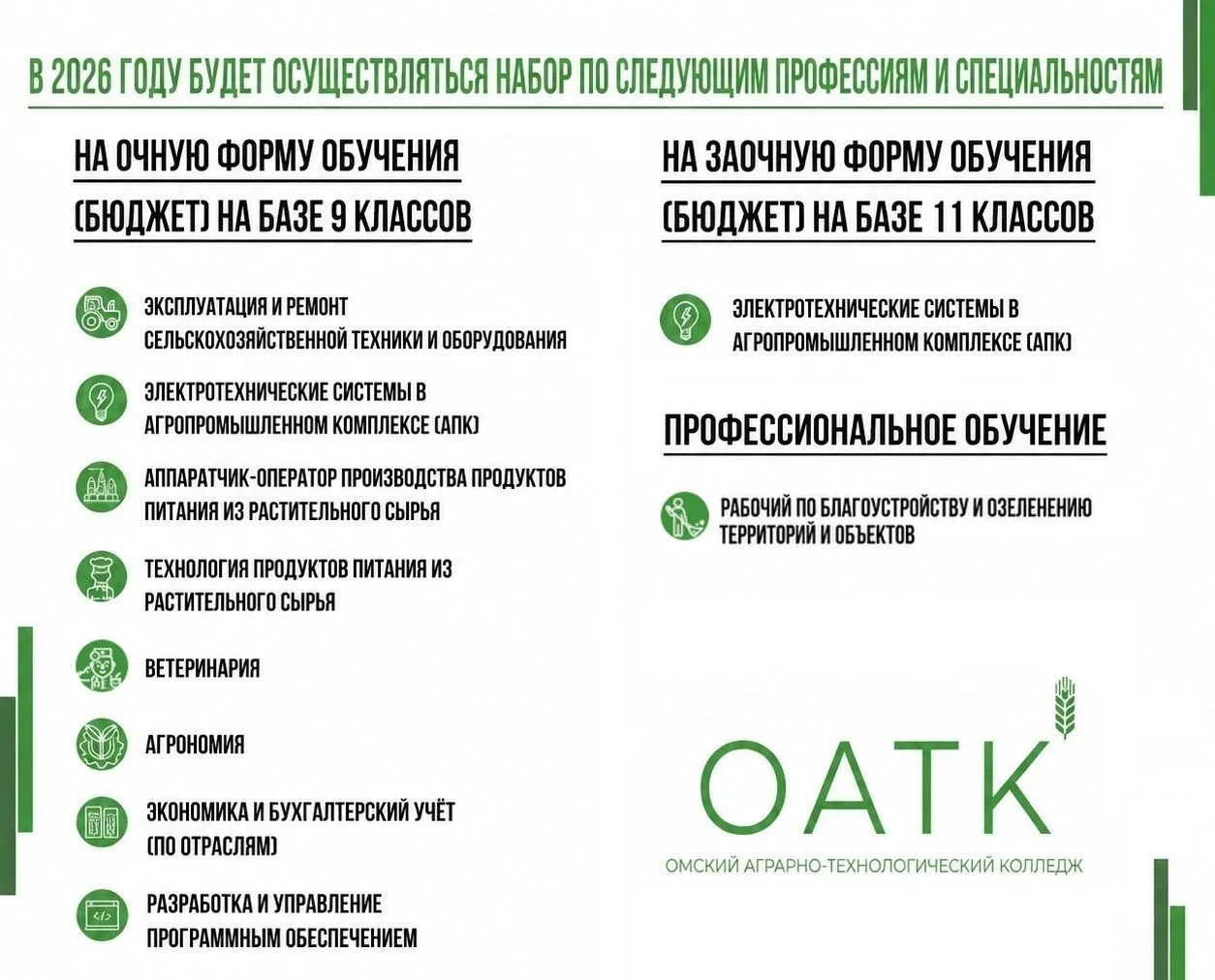 🥳 Совсем скоро стартует прием документов в БПОУ «Омский аграрно-технологический колледж»

Мы ждем с