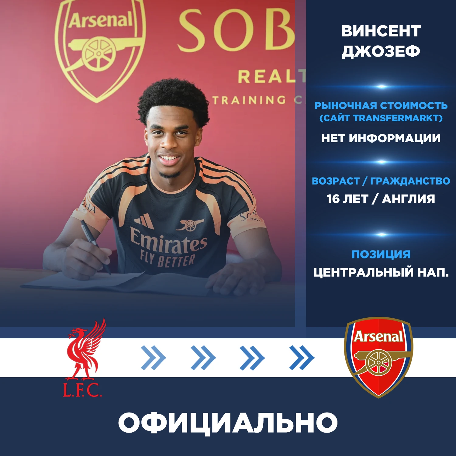 Официально: Винсент Джозеф перешёл в «Арсенал» из «Ливерпуля».