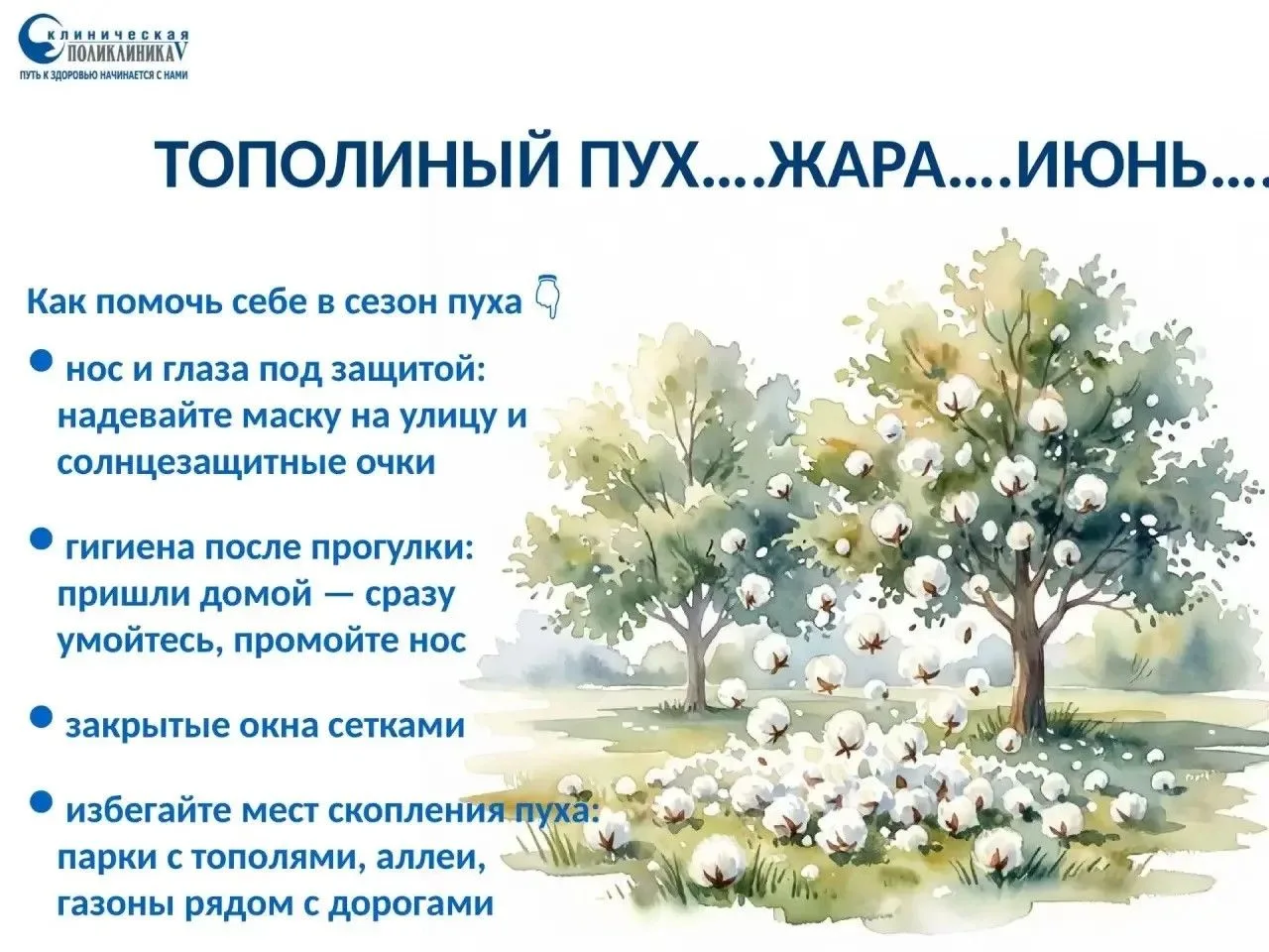 Что делать аллергикам, когда летит пух? 
🌿Сезон тополиного пуха — испытание для тех, кто страдает а