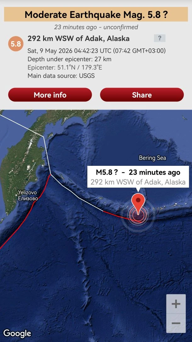 Очередное М5.8 прилетело по Алеутам