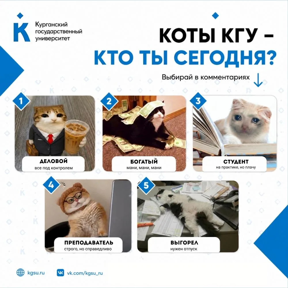 Коты КГУ — кто ты сегодня? 🐈

У каждого из нас бывают разные настроения. Иногда хочется спать, иног