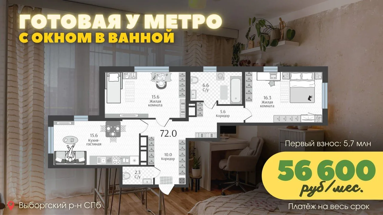 Переезжаем в 3Е-кв. 72 м² прямо У МЕТРО И ПАРКА 🌳 Ключи сразу, 56 600 руб/мес. на весь...