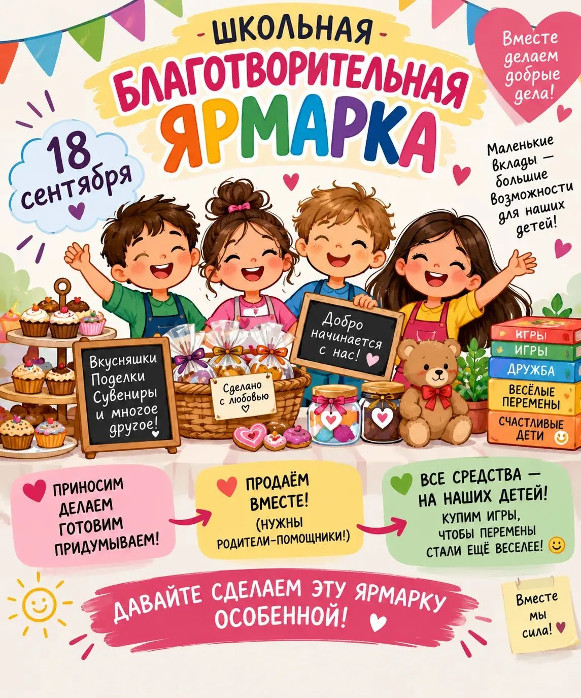 Уважаемые родители и лучшие ребята! 18 сентября — школьная благотворительная ярмарка! 🎉