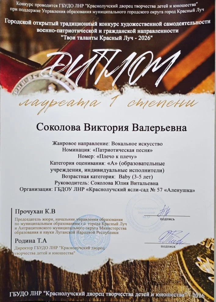 Поздравляем нашу воспитанницу Соколову Викторию  и музыкального руководителя Соколову Ю.В. с заслуже