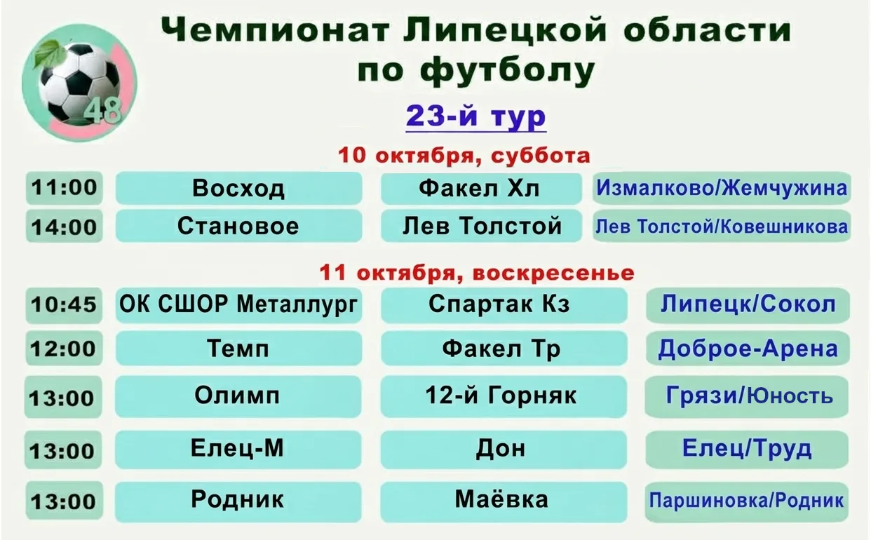 Расписание матчей 23-го тура чемпионата области по футболу