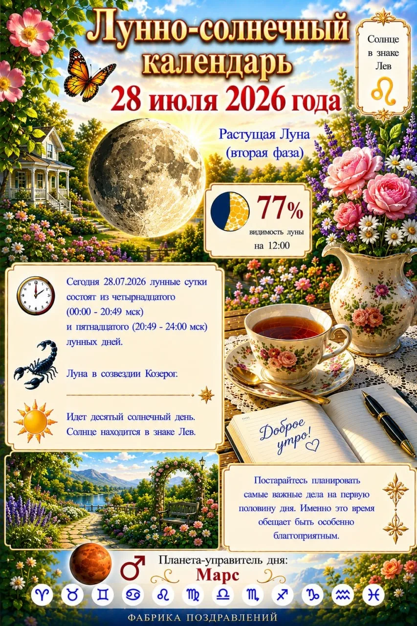 💫 28 июля...
Лунно-солнечный календарь.
 🌠🔭⭐️🔭🌠


❤️ Фабрика Поздравлений

☀️✨🟢✨☀️

❗️ НАШ КАН