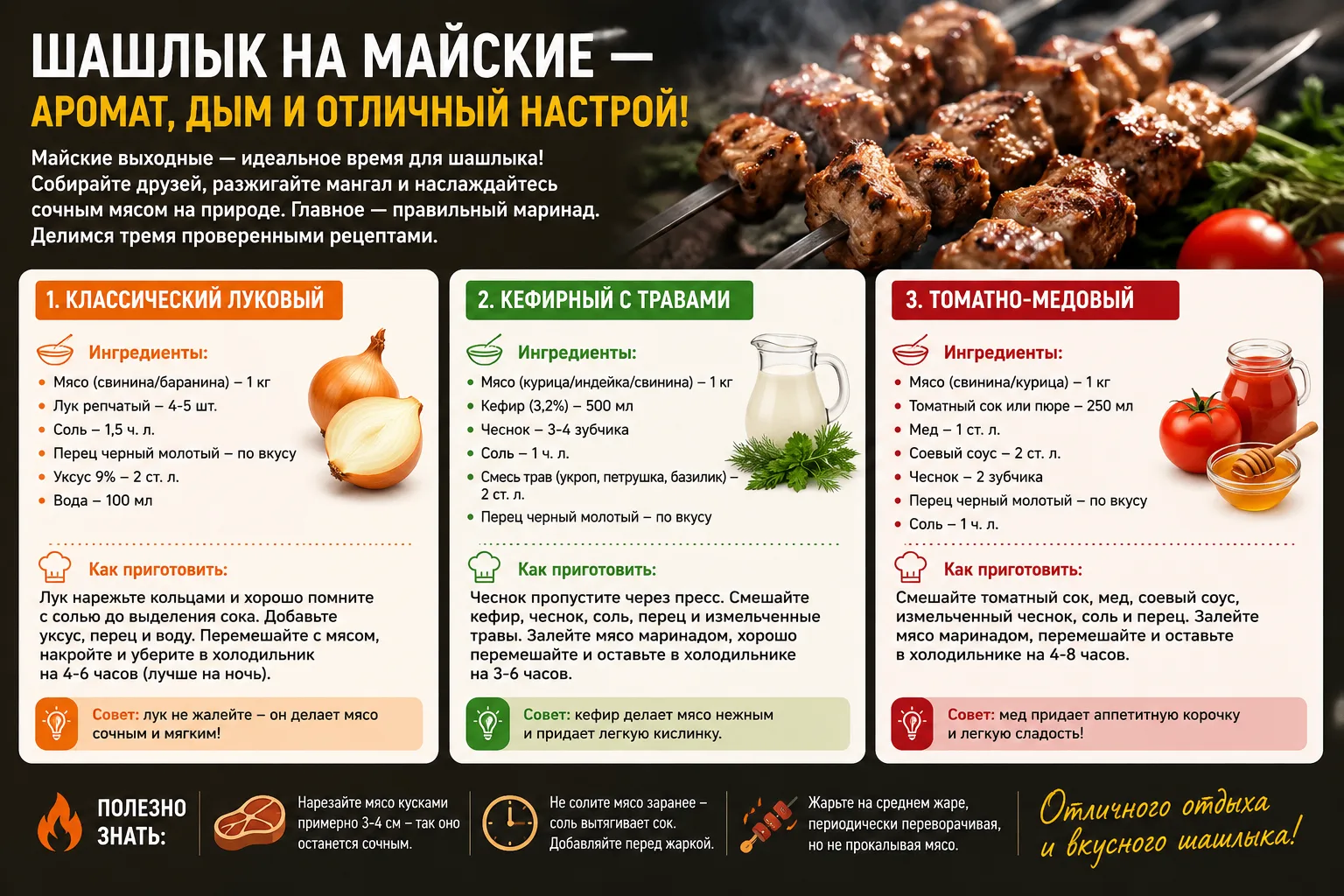 🔥Майские шашлычные выходные: готовим легко и вкусно  С приходом тёплых майских выходных самое время 