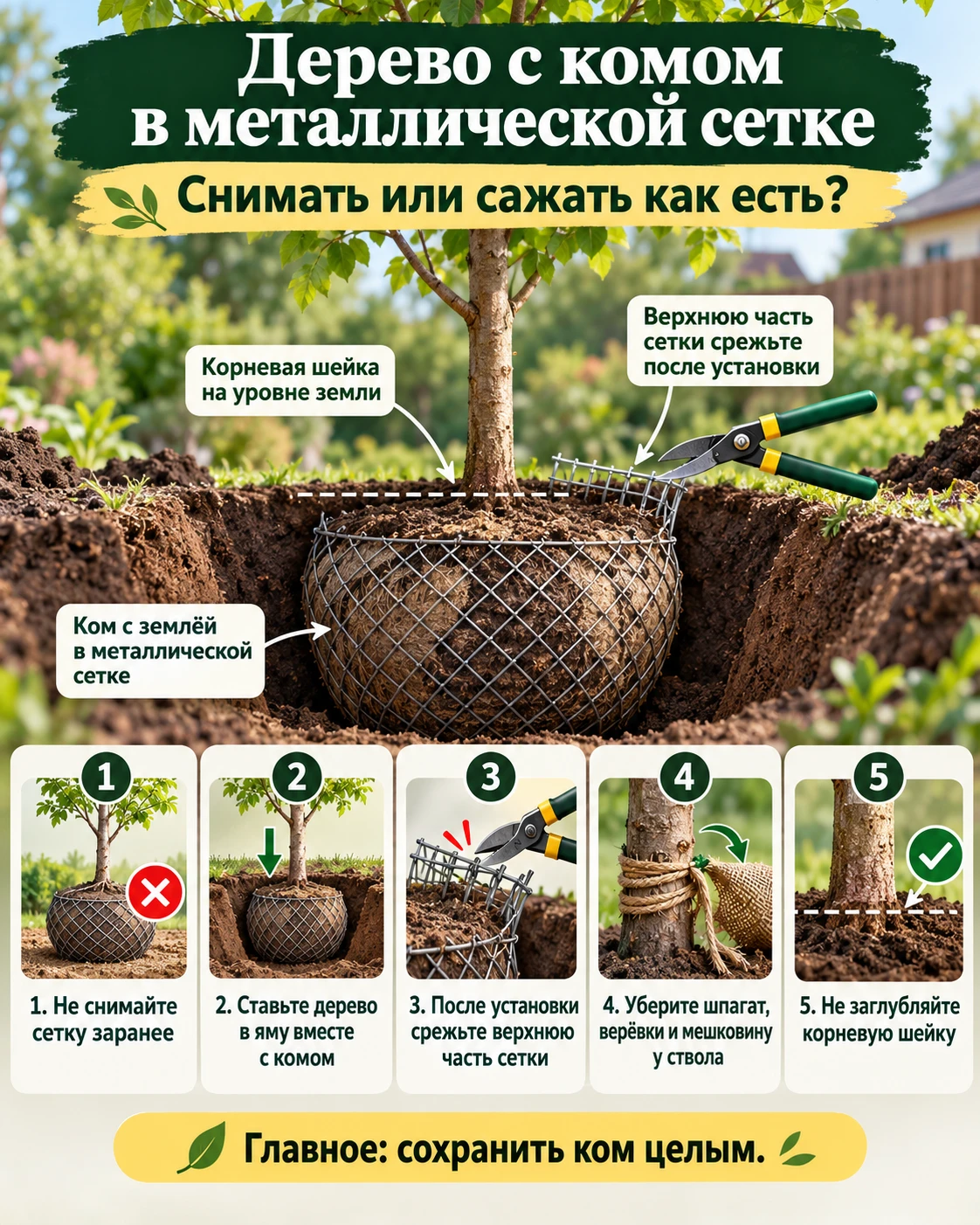 🌳 ДЕРЕВО С КОМОМ В МЕТАЛЛИЧЕСКОЙ СЕТКЕ: СНИМАТЬ ИЛИ САЖАТЬ КАК ЕСТЬ?