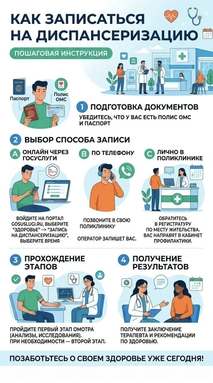 ❓Как записаться на диспансеризацию?

В 2026 году диспансеризацию могут пройти:
🔹 с 18 до 39 лет - о