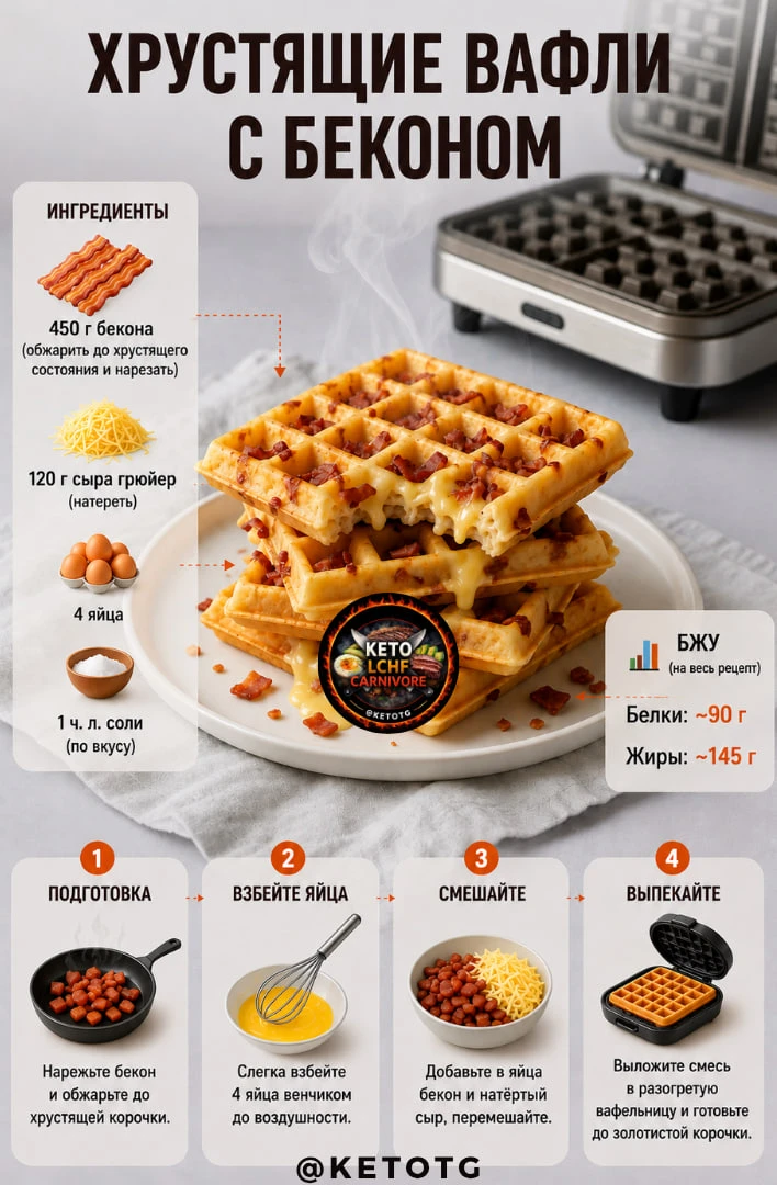 Хрустящие вафли с беконом🥓
#завтрак #выпечка