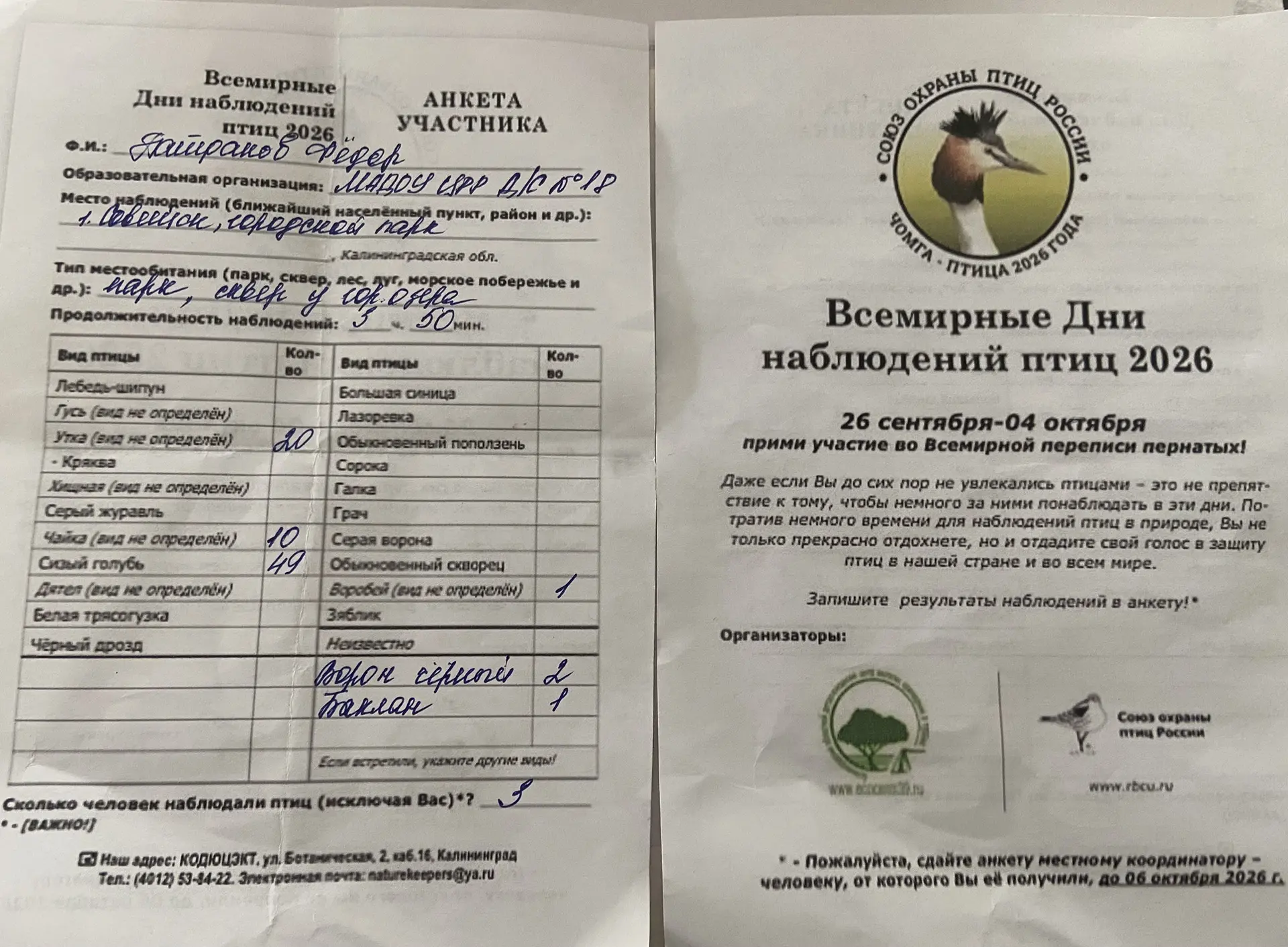 Всемирные дни наблюдений птиц состоялись в период с 26 сентября по 4 октября 2026 года....