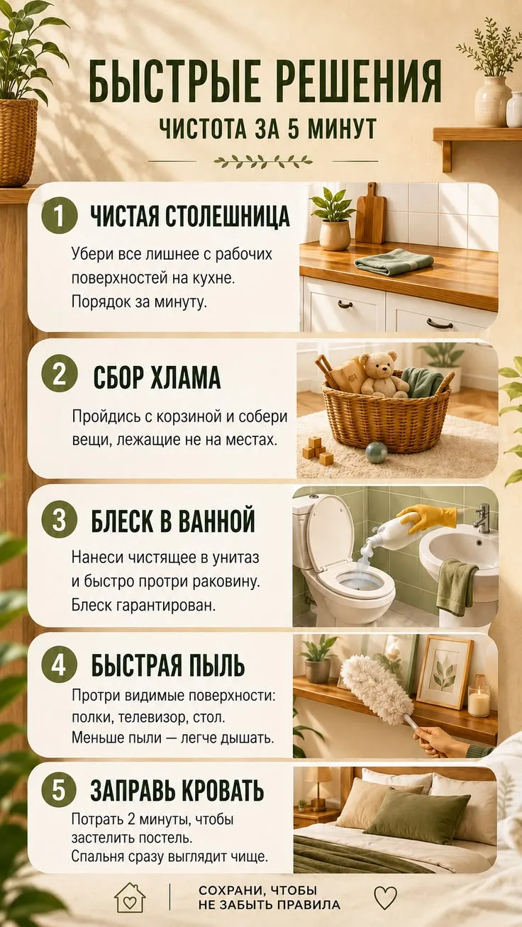 ⚡ Чистота за 5 минут: когда гостят на пороге или нет сил на уборку

Внезапно позвонили гости или про