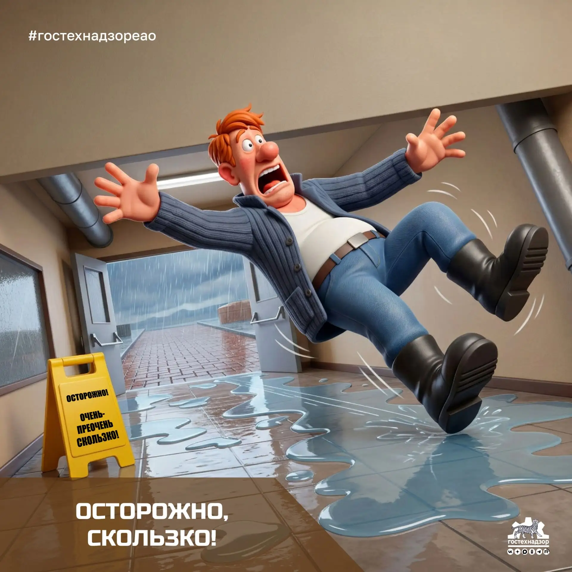 Мокрый пол

Чтобы не работать на тракторе в такую погоду я хотель заныкаться на производственной баз