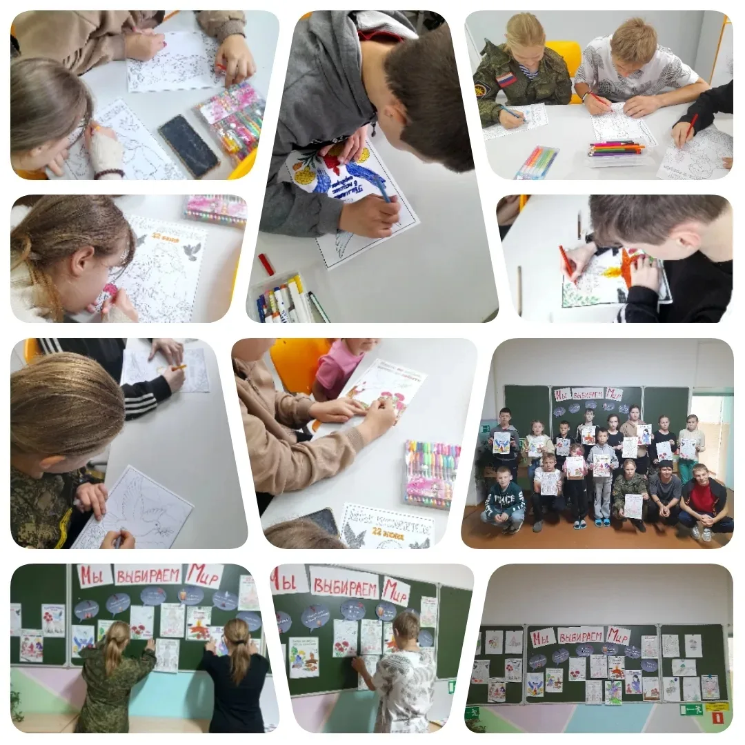 В День памяти и скорби ребята из отряда " Солнышко" выполняли рисунки и украсили стенд своими работа