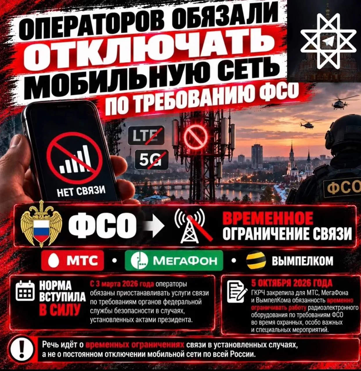 📵 Операторов обязали отключать мобильную сеть по требованию ФСО.