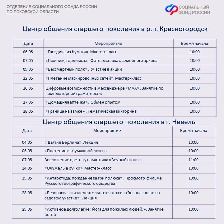 💟Центры общения старшего поколения Псковской области приглашают посетителей в мае.   ✅Псковичей сере