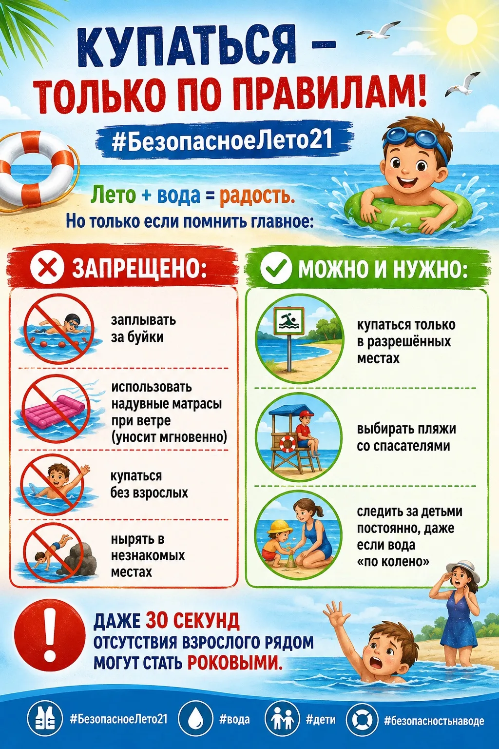 Купаться – только по правилам! #БезопасноеЛето21

Летние каникулы — время отдыха, солнца и водных ра