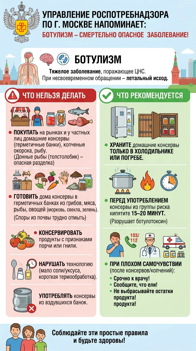 Управление Роспотребнадзора по г. Москве напоминает, что ботулизм – тяжелое заболевание, поражающее 