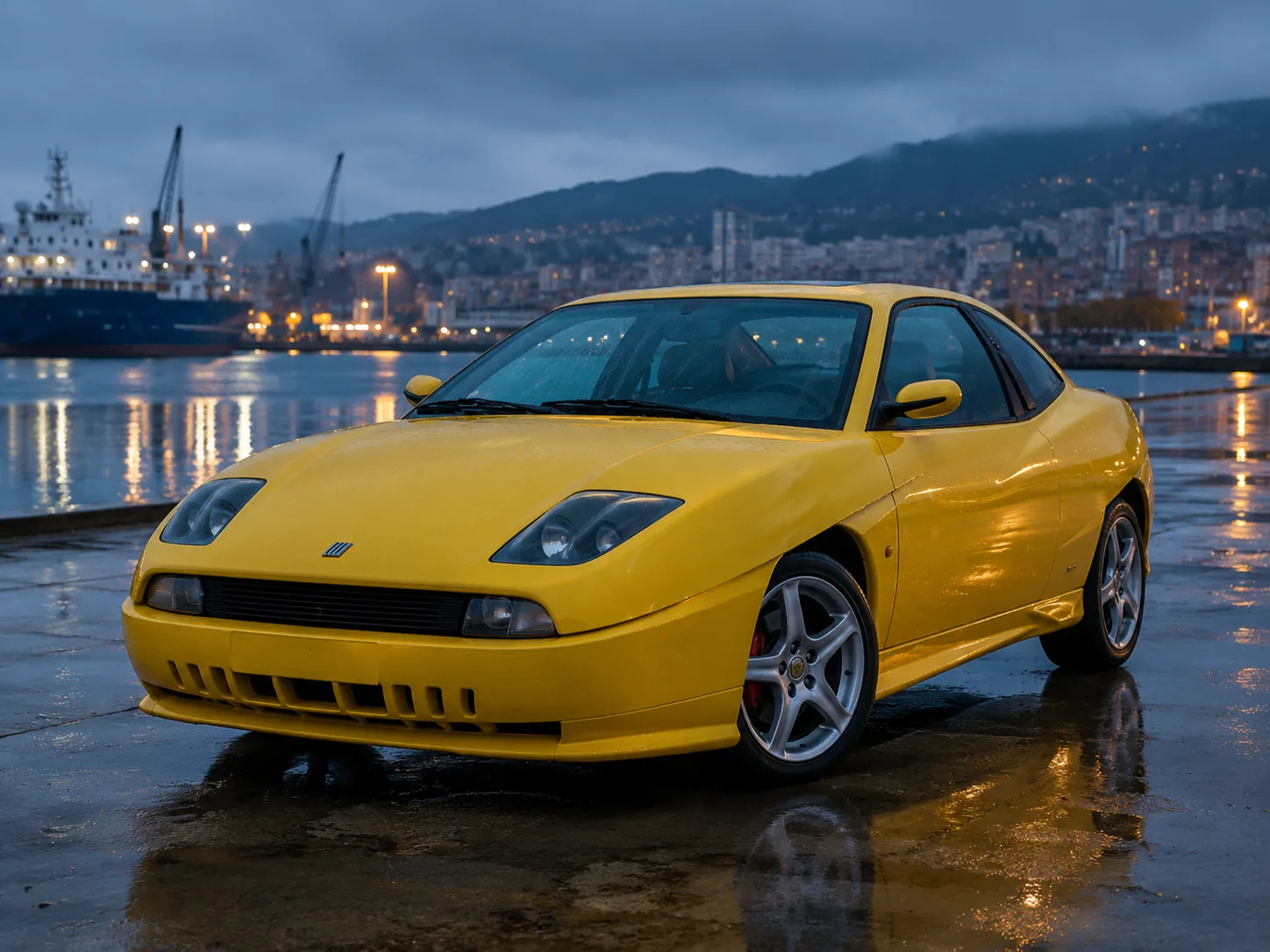 Fiat Coupé 20V Turbo в ярко-жёлтом цвете на мокром причале Генуи. Его резкая клиновидна...