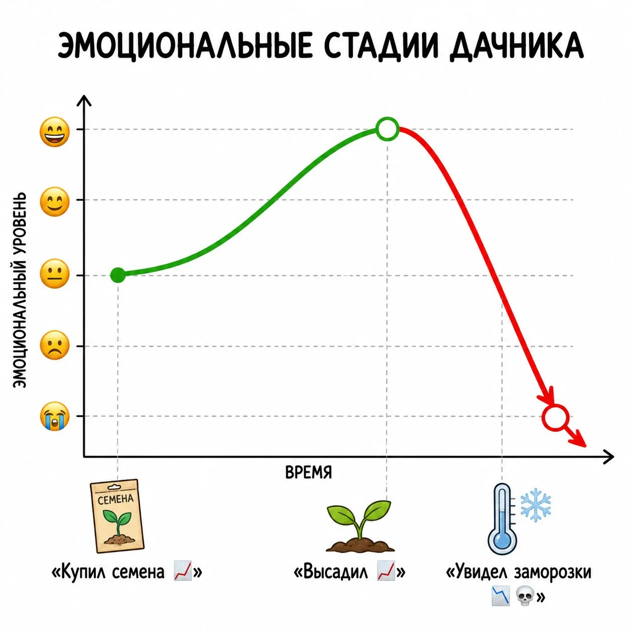 Эмоциональные стадии дачника выглядят именно так.
