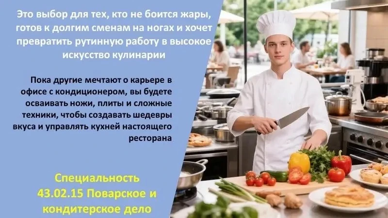 В помощь абитуриенту

Поварское и кондитерское дело — это востребованная специальность среднего проф